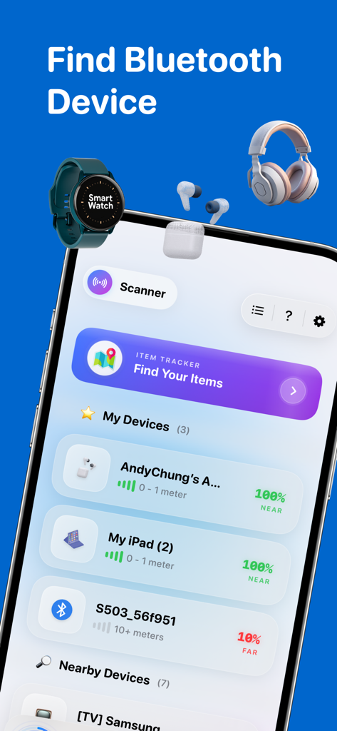 Device Finder Bluetooth Track - Interfaz de la aplicación Device Finder mostrando una lista de dispositivos Bluetooth rastreados como auriculares y relojes con indicadores de intensidad de señal.