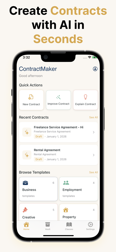 Contract Maker - AI Generator - The home screen of the Contract Maker app on an iPhone showing options to create new contracts improve existing ones and browse templates for business and freelance work
