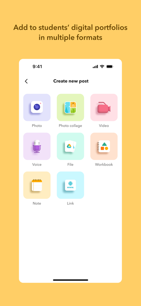 Toddle Educator - Toddle Educator app interface showing options to add photos videos and voice notes to digital student portfolios