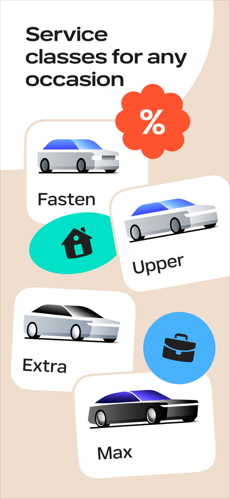 Uber BY — request taxis - Clases de servicio para la aplicación Fasten, incluyendo los niveles de viaje Fasten Upper Extra y Max