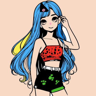 a girl with a crop top short shorts and long hair realistic