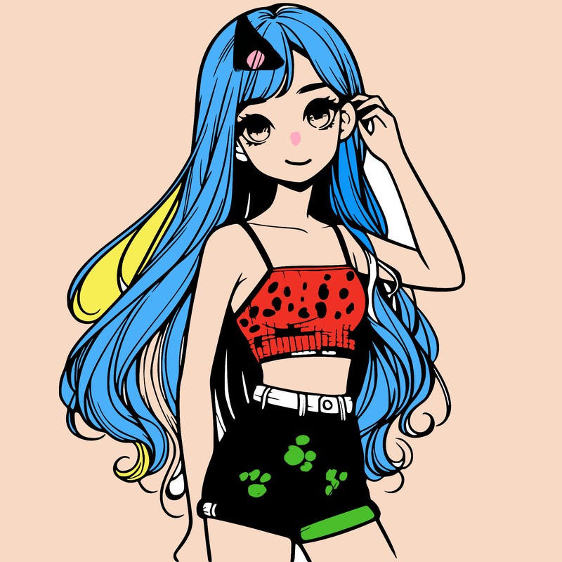 a girl with a crop top short shorts and long hair realistic
