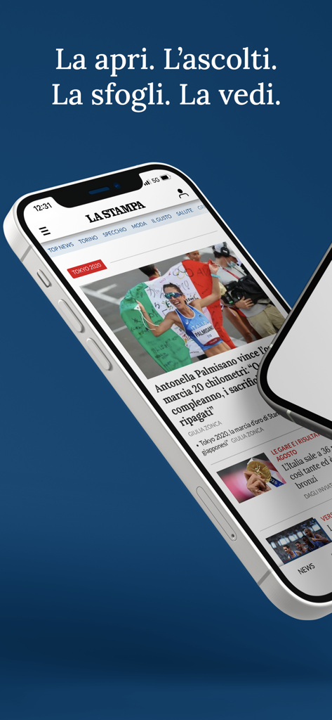 La Stampa. Notizie e Inchieste - Smartphone exibindo a tela inicial do aplicativo La Stampa com manchetes de notícias e um atleta comemorando com a bandeira italiana.