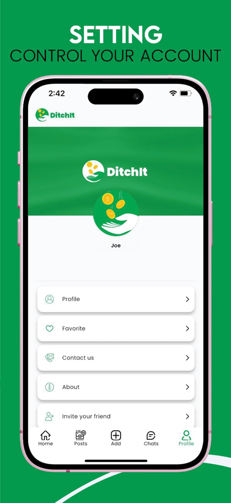 DitchIt - Buy & Sell Locally - DitchItモバイルアプリのアカウント設定およびユーザープロファイル画面。