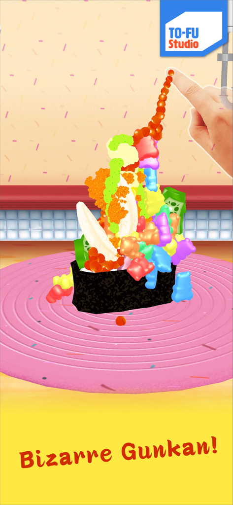 TO-FU Oh!SUSHI 2 - A player stacking colorful gummy bears and toppings on a bizarre gunkan sushi