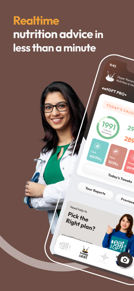 Tweak & eat with eatGPT - Tweak and Eat 앱의 영양 추적 및 실시간 조언을 표시하는 스마트폰 화면.