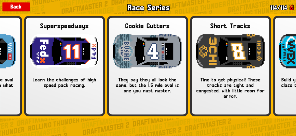 Draftmaster 2 - Race series selection screen in Draftmaster 2 featuring pixel art stock cars