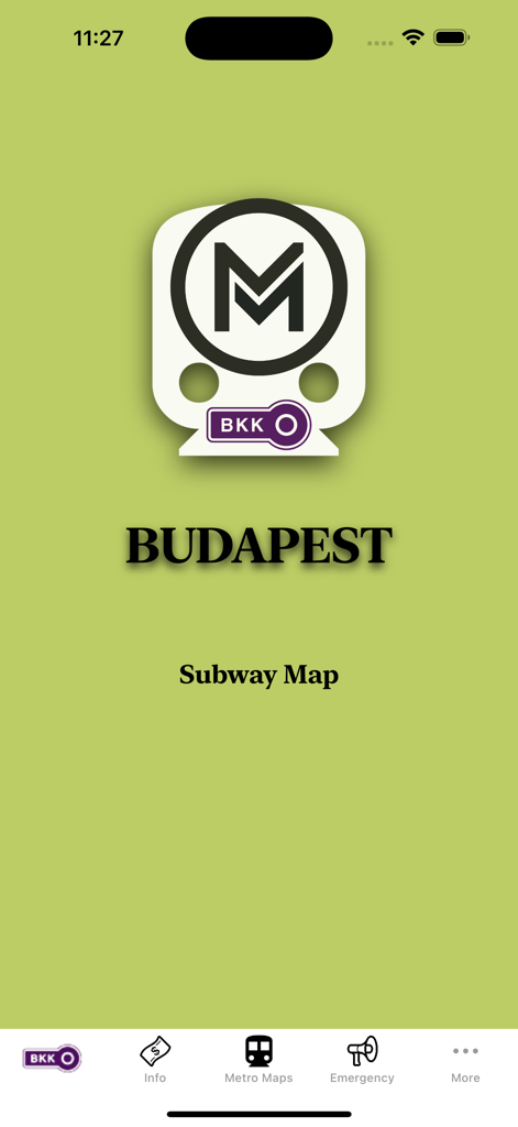 Pantalla de inicio de la aplicación Budapest Subway Map con un logo de tren de metro y barra de navegación.