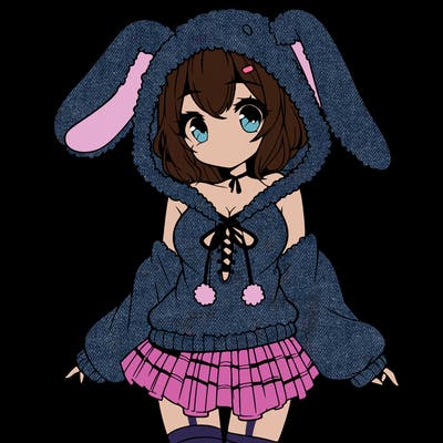 pretty anime girl wearing a fluffy hoodie with bunny ears on the hood and a skirt