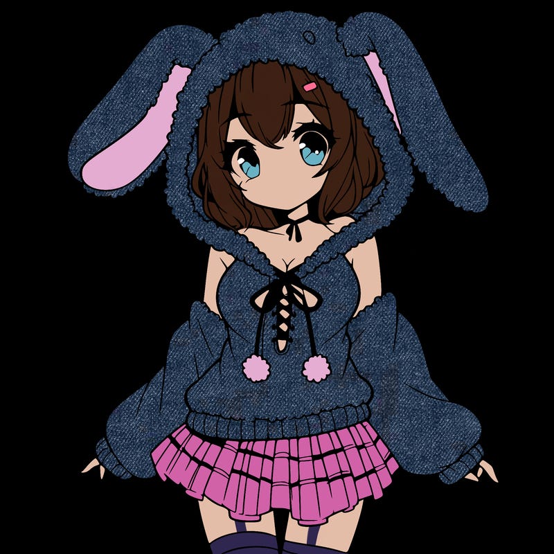 pretty anime girl wearing a fluffy hoodie with bunny ears on the hood and a skirt