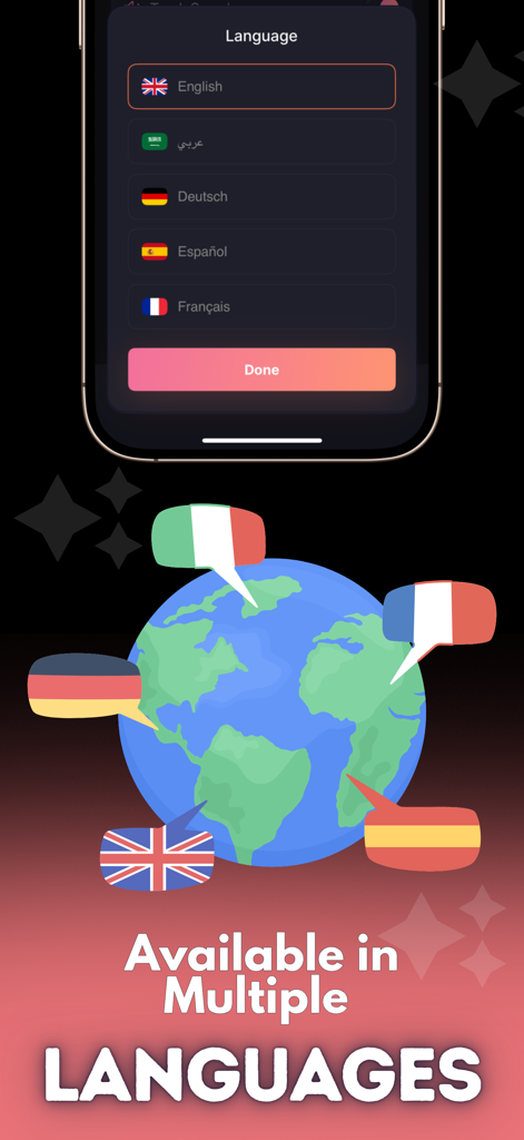 Smart TV Remote: Universal - Pantalla de selección de idioma para la app Smart TV Remote mostrando soporte para múltiples idiomas, incluyendo inglés, alemán y español.