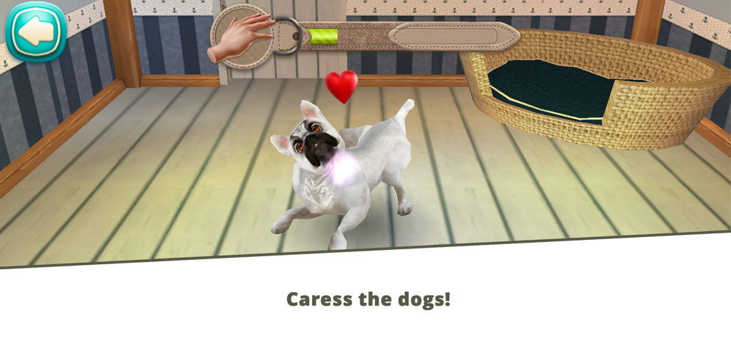 Un perro blanco siendo acariciado en una acogedora habitación dentro de la aplicación Dog Hotel