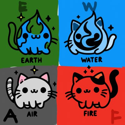4 cats that represent the different elements, earth, water, air, and fire