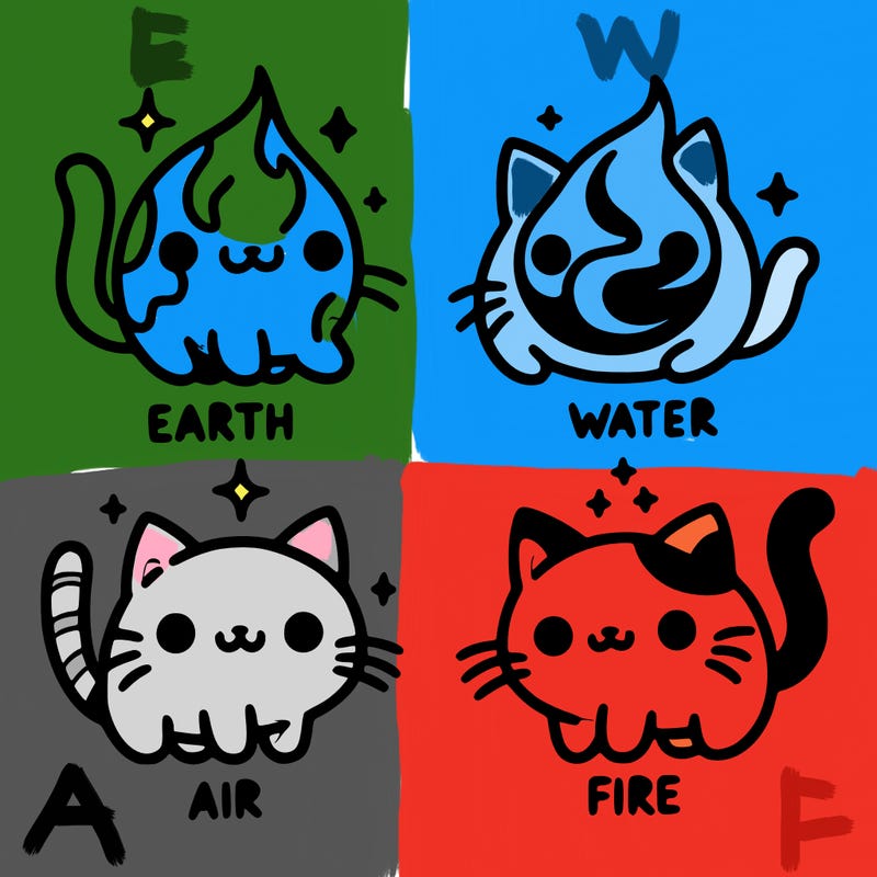 4 cats that represent the different elements, earth, water, air, and fire
