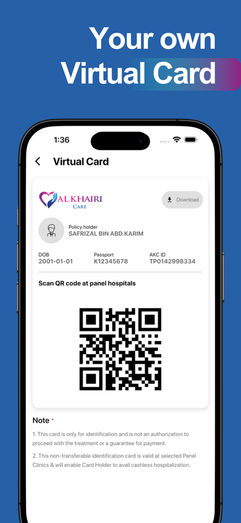 Al Khairi Care SA - Virtual medical card screen in the Al Khairi Care app displaying a QR code for cashless medical treatment during Umrah