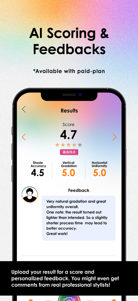 AI Color Recipe - AI Color Recipe app screen showing performance scores and professional AI feedback for hair colorists