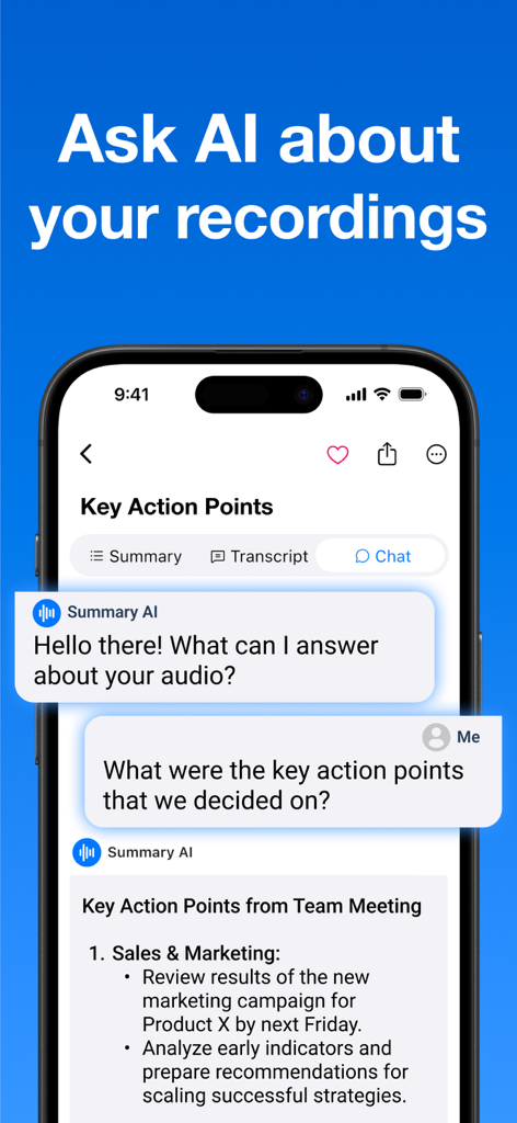 SummaryアプリのAIチャットインターフェースに、ユーザーが録画されたチーム会議の主要なアクションポイントを求めている様子が表示されている。