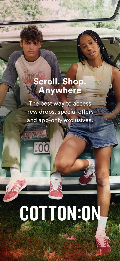 Cotton On - Two young adults in trendy casual clothing posing on the back of a vintage van for the Cotton On app promotion