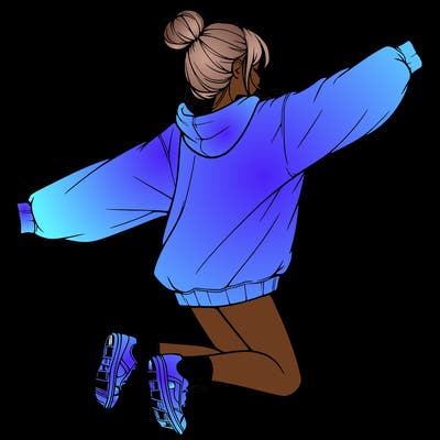 realistic girl jumping with a bun and oversized sweatshirt