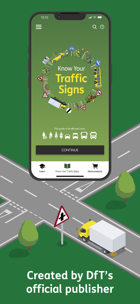 DfT Know Your Traffic Signs - Home screen of the official DfT Know Your Traffic Signs app for UK road users