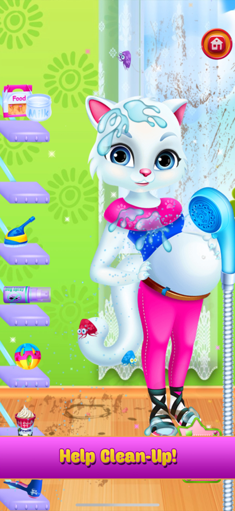 벌레 퇴치제와 샤워기 등 다양한 도구를 사용하여 청소가 필요한 임신한 고양이 캐릭터가 등장하는 게임 플레이 화면.