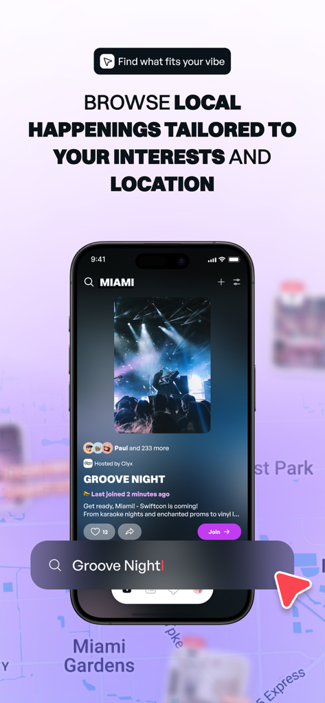 Clyx: Genuine Friends & Events - Smartphone screen showing local events discovery on the Clyx social app for women