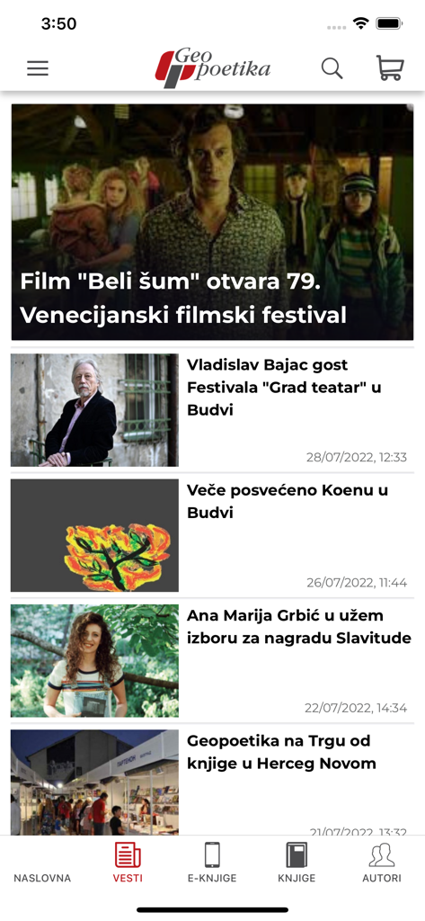 News feed section of the Geopoetika e-bookstore app featuring literary and cultural articles in Serbian
