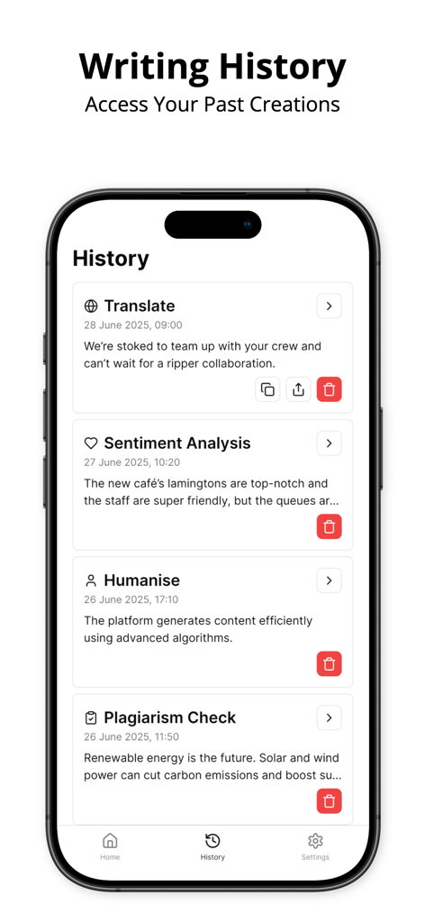 A mobile app interface titled Writing History showing a list of past activities including Translate, Sentiment Analysis, Humanise, and Plagiarism Check.