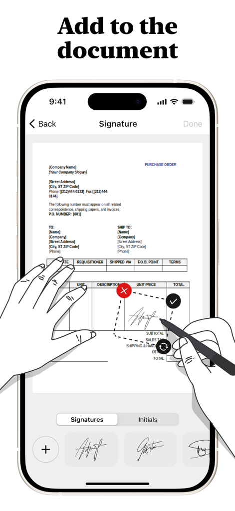 Signature: sign documents - Signatureアプリを使用して購入注文書にデジタル署名を追加するユーザーを示すiPhone画面