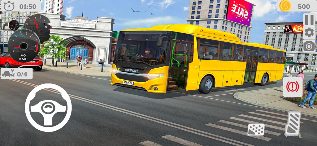 City School Bus Game 2024 - Yellow school bus in a city environment with mobile driving game interface