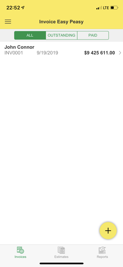 Invoice - Mobile app interface showing a list of invoices with filters for outstanding and paid payments