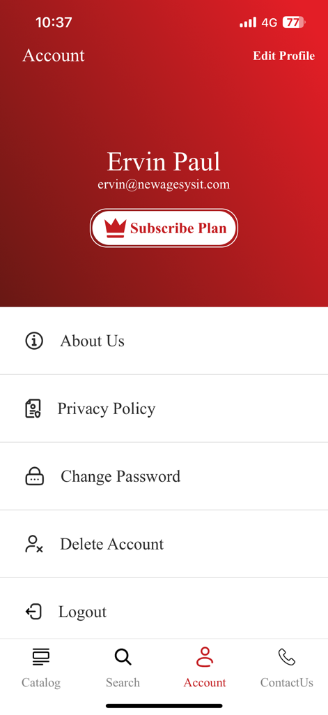 User account settings page for TackleFind app featuring profile details and subscription options