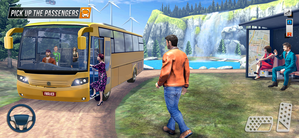 Bus Games : Driving Master 3D - A yellow bus picking up passengers at a scenic bus stop with mountains and a waterfall in the background