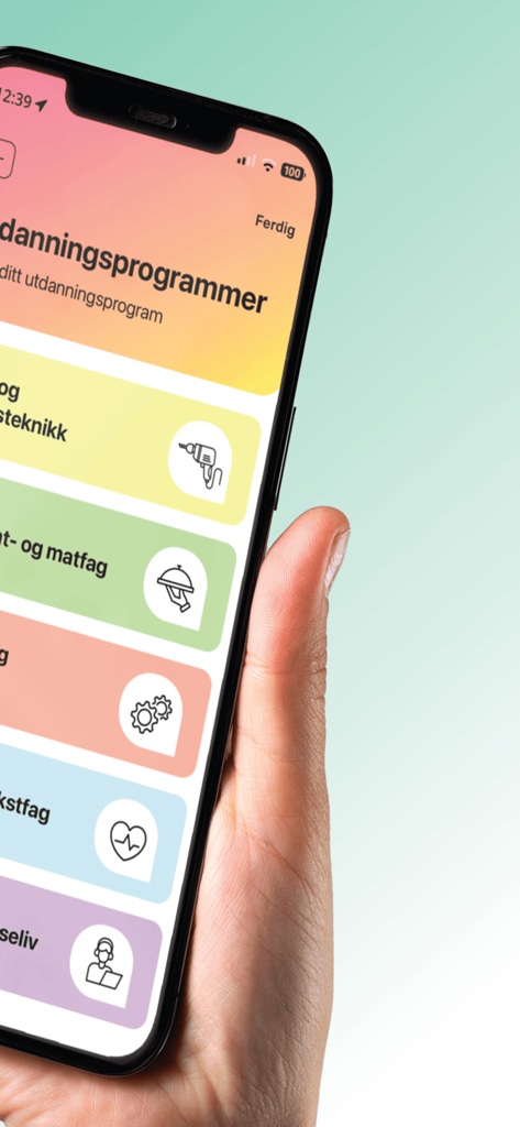 KLAR - A smartphone displaying the KLAR app menu with different vocational language learning categories like construction and healthcare