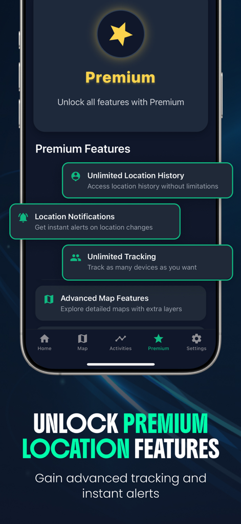 Funciones premium de la aplicación GPS Location Tracker que incluyen rastreo y notificaciones ilimitados