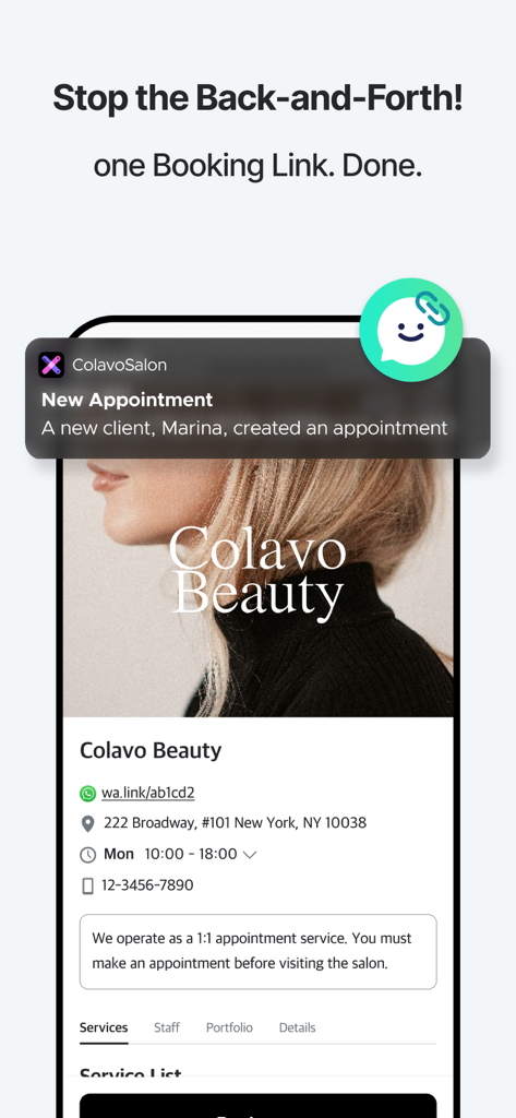 Interface do app ColavoSalon mostrando uma notificação de novo agendamento e uma página profissional de reserva de salão com link de WhatsApp.