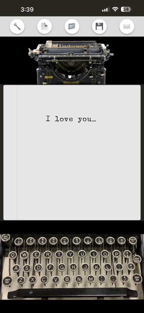 Vintage Notes - A digital typewriter interface in the Vintage Notes app displaying a typed note saying I love you