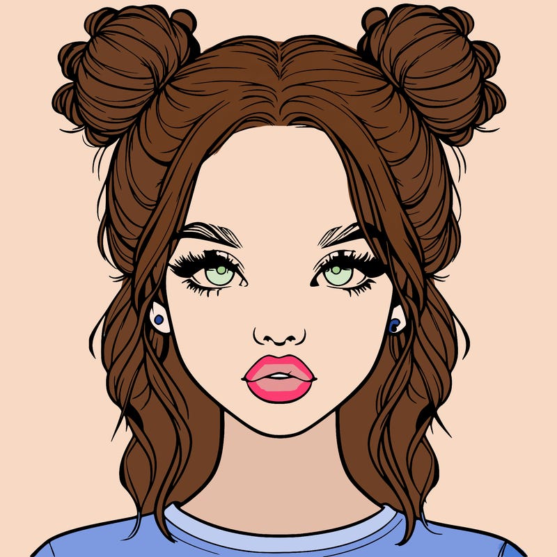 realistic girl with two buns in hair and lips