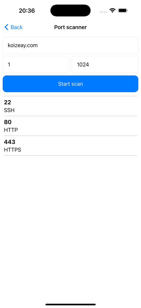 Screenshot der NetTools-App, der die Port-Scanner-Funktion mit Ergebnissen für SSH-, HTTP- und HTTPS-Ports zeigt