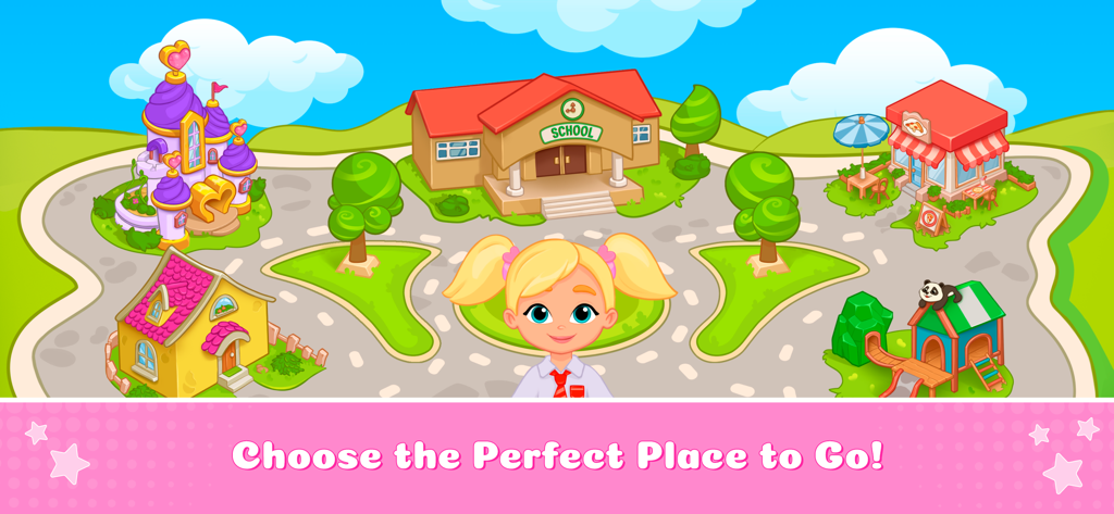 Dress Up Games for Kids: Girls - Una colorida pantalla de selección de mapa de dibujos animados donde los niños pueden elegir entre lugares como un castillo escolar o un parque