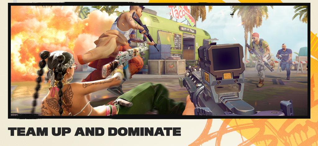 Urban Heat: FPS - First person shooter gameplay in Urban Heat showing characters in a team battle with explosions and street scenery