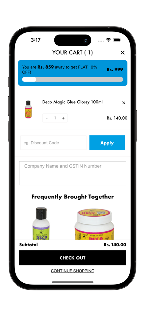 Itsy Bitsy mobile app shopping cart screen showing craft glue and checkout button