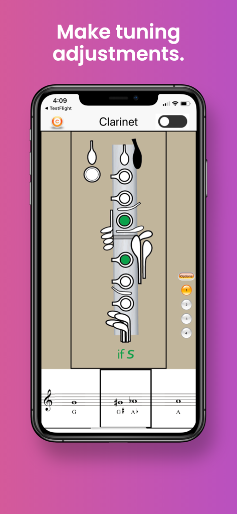 Clarinet Fingering & Tuning - Aplicativo de digitação de clarinete mostrando chaves codificadas por cores para ajustes de afinação