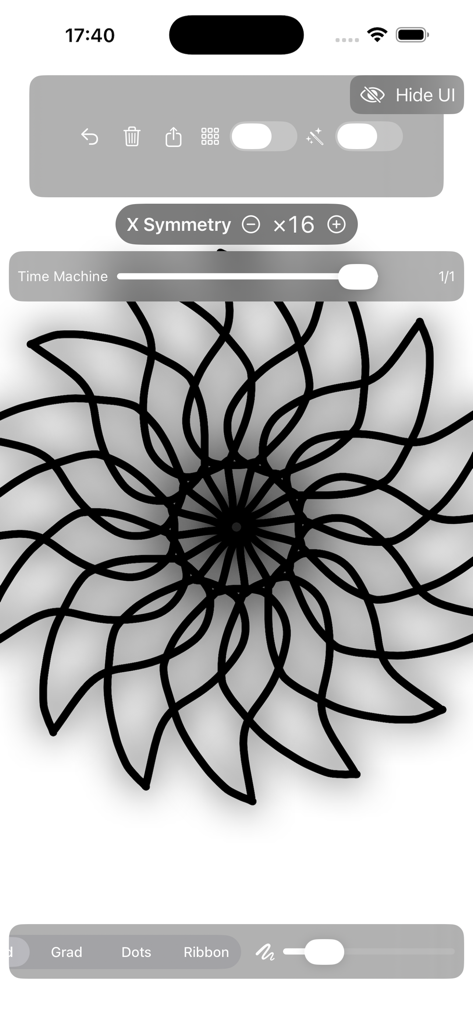 Mirror Drawing Studio - Mirror Drawing Studio app interface with 16x symmetry mandala drawing