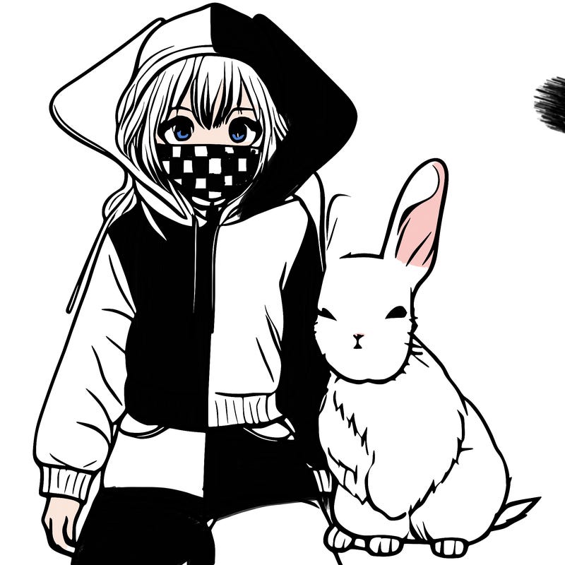 manga girl with hoodie, jean shorts and has a bunny mask on