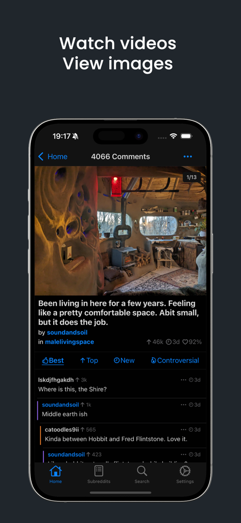 lurkur for reddit - lurkur for reddit app screenshot showing a media post and comments in dark mode