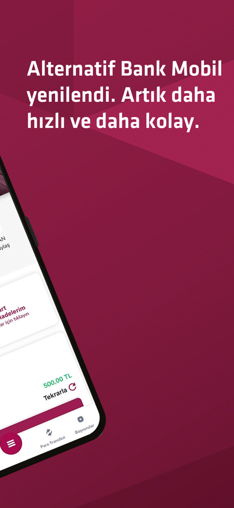 Alternatif Bank Mobile - Introductory screen for the renewed Alternatif Bank Mobile app showing a modern interface and Turkish text highlighting faster banking services