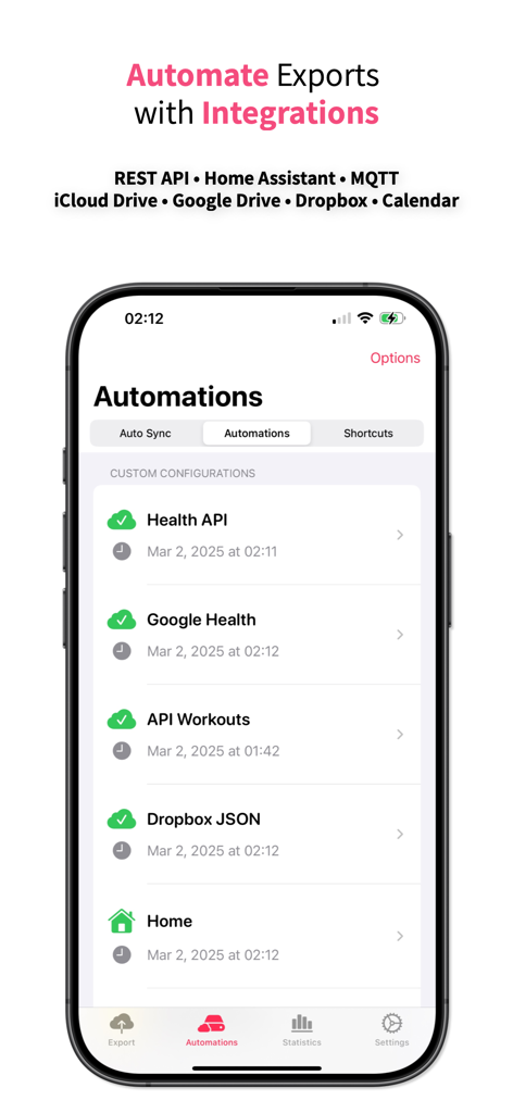 Health Auto Export app automations screen showing custom export integrations for REST API, Dropbox, and Home Assistant.