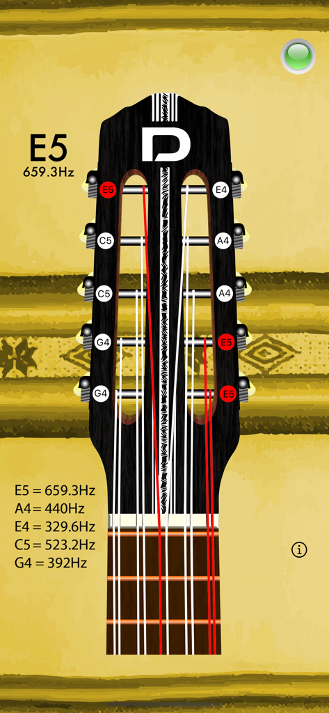 Charango Tuner Basic - Charango Tuner Basic app interface displaying string tuning frequencies and a virtual instrument headstock.