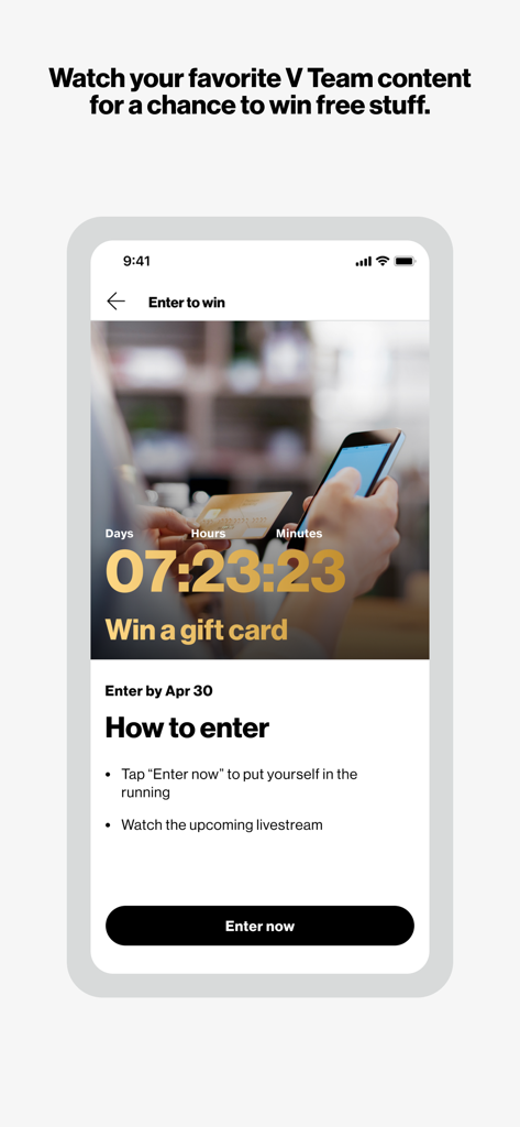 Inside Verizon - Inside Verizonアプリの画面。従業員向けのギフトカードプレゼントコンテストとカウントダウンタイマーが表示されています。